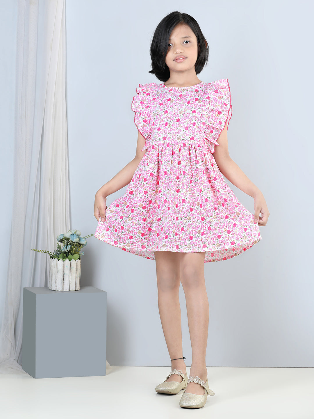 Cutiekins Geometric Printed Side Frilled Sleevless Dress-Pink & White