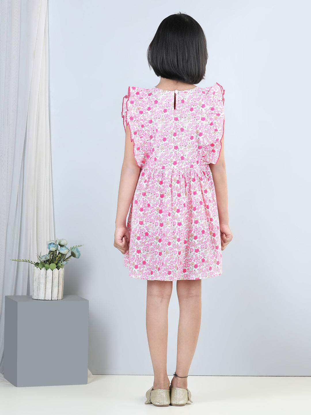Cutiekins Geometric Printed Side Frilled Sleevless Dress-Pink & White