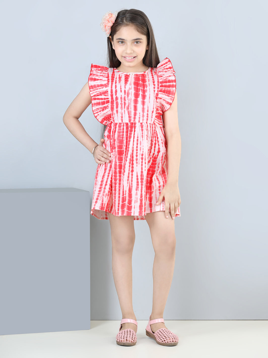 Cutiekins Tie & Dye Printed Side Frilled Sleevless Dress-Red & White