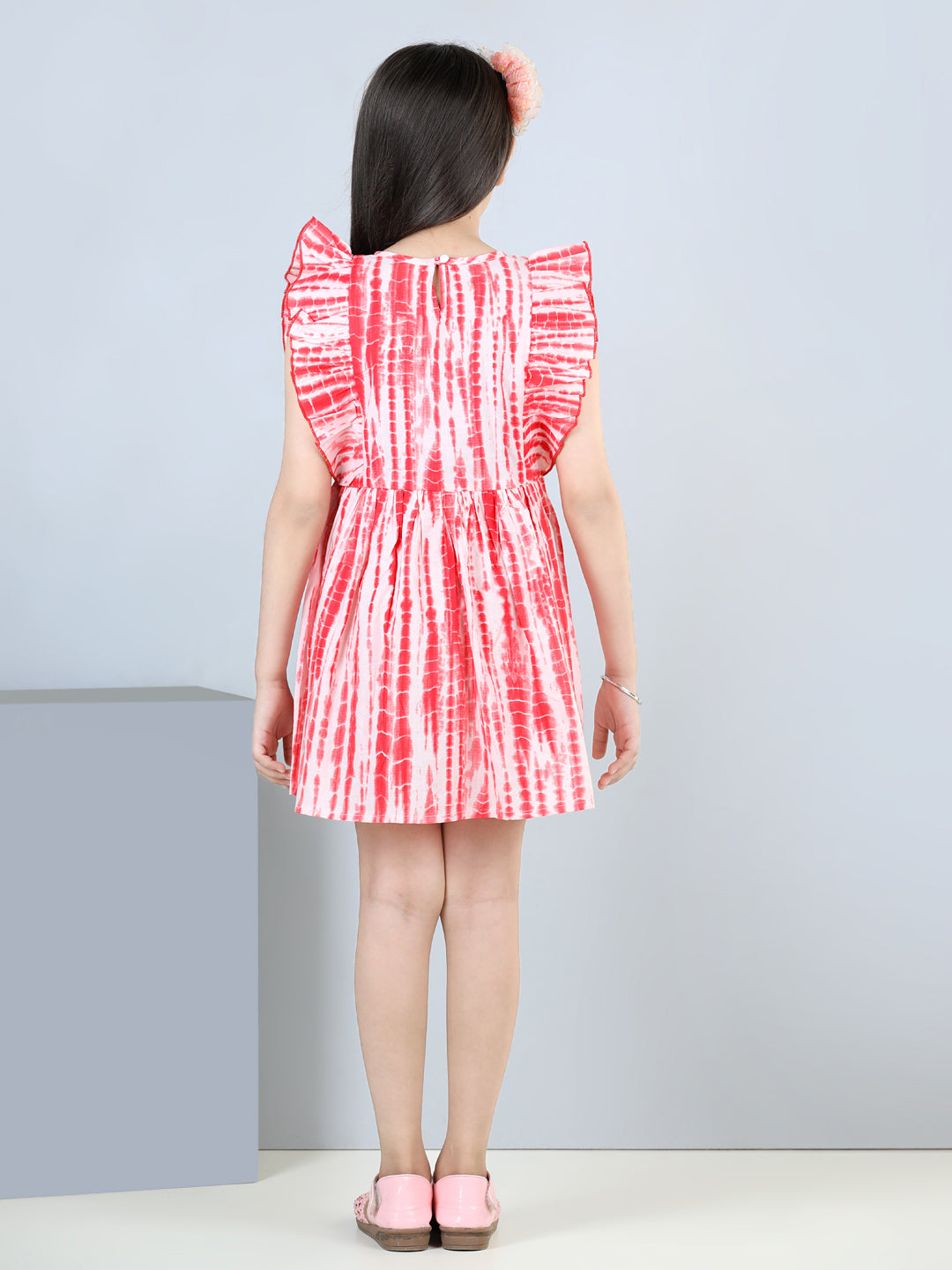 Cutiekins Tie & Dye Printed Side Frilled Sleevless Dress-Red & White