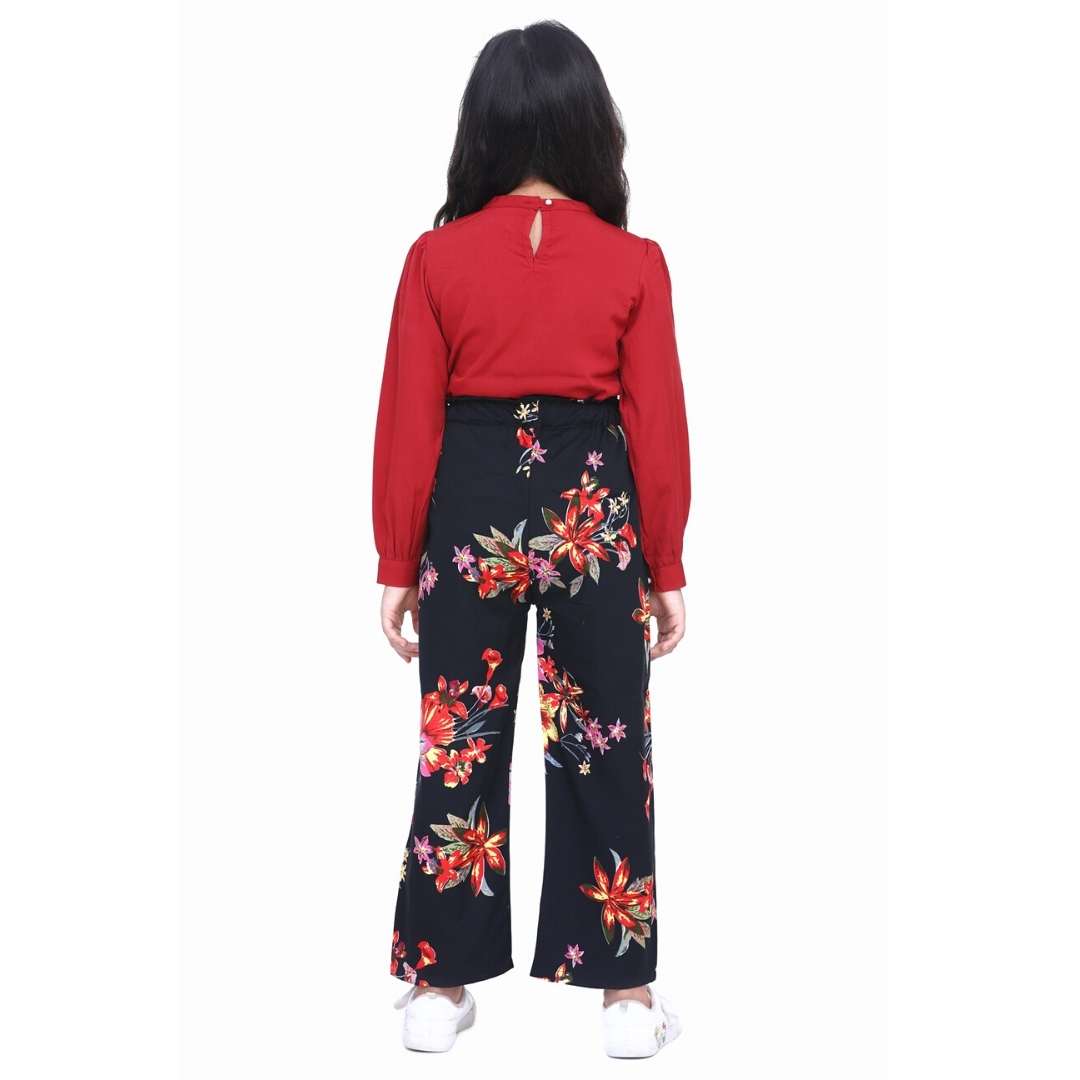 Cutiekins Solid Pearl Top & Floral Print Palazzo Set -Maroon & Black