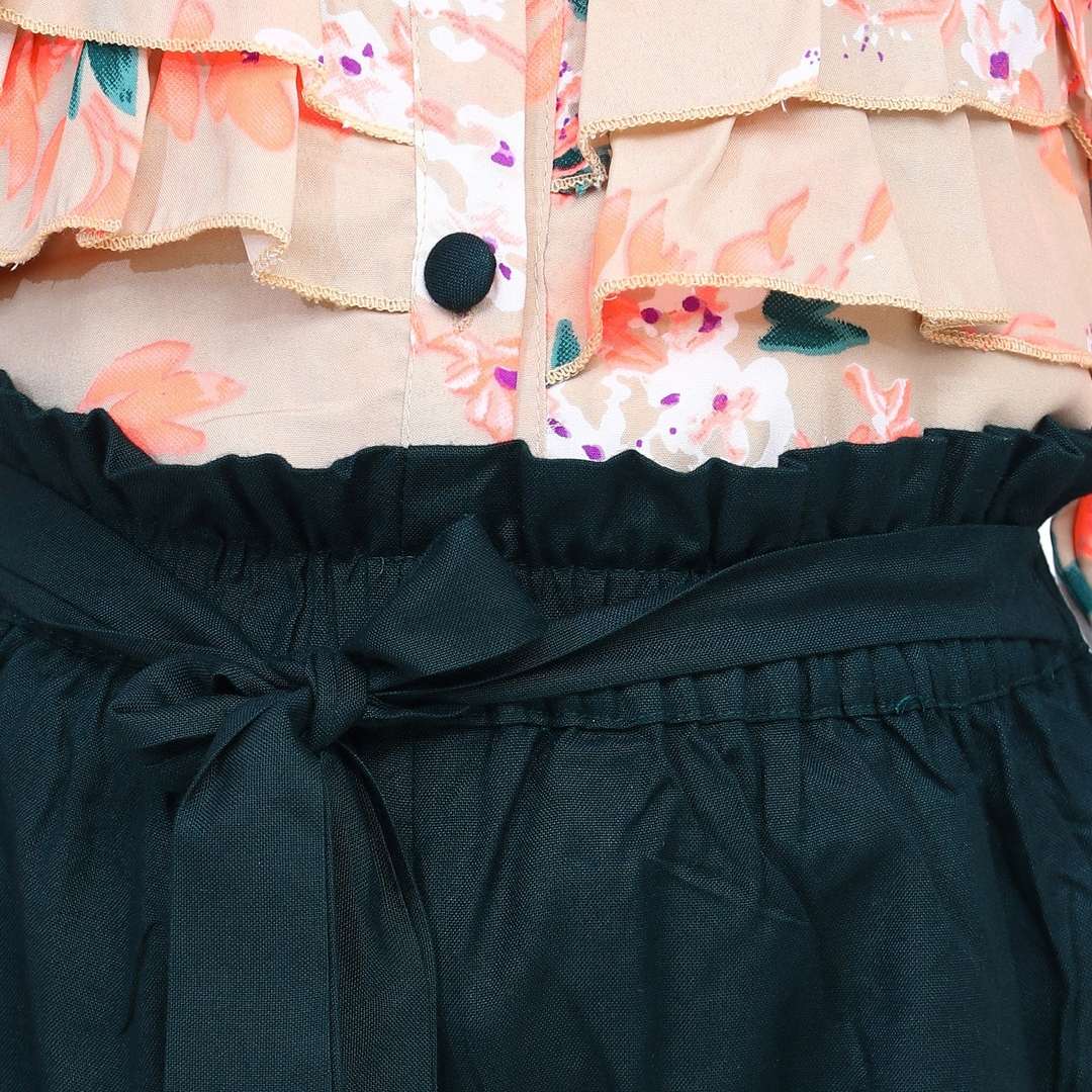 Cutiekins Floral Print Shirt Style Top & Floral Linen Palazzo Set -Beige & Bottle Green