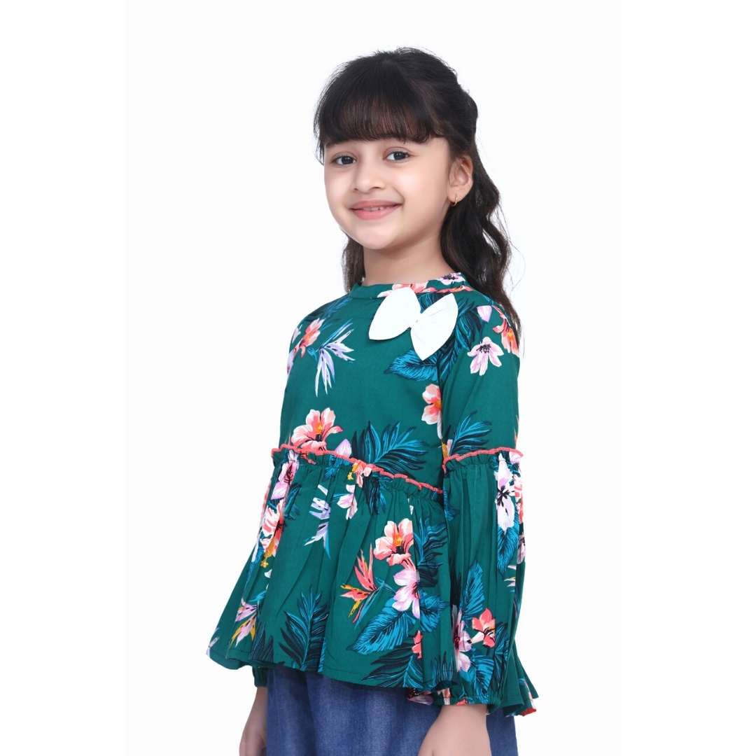 Cutiekins Green Floral Print Peplum Top - Green & White