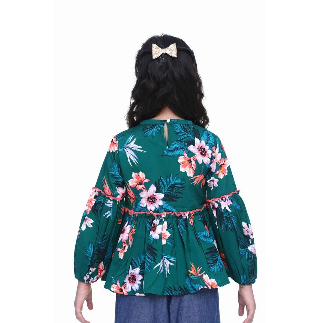 Cutiekins Green Floral Print Peplum Top - Green & White