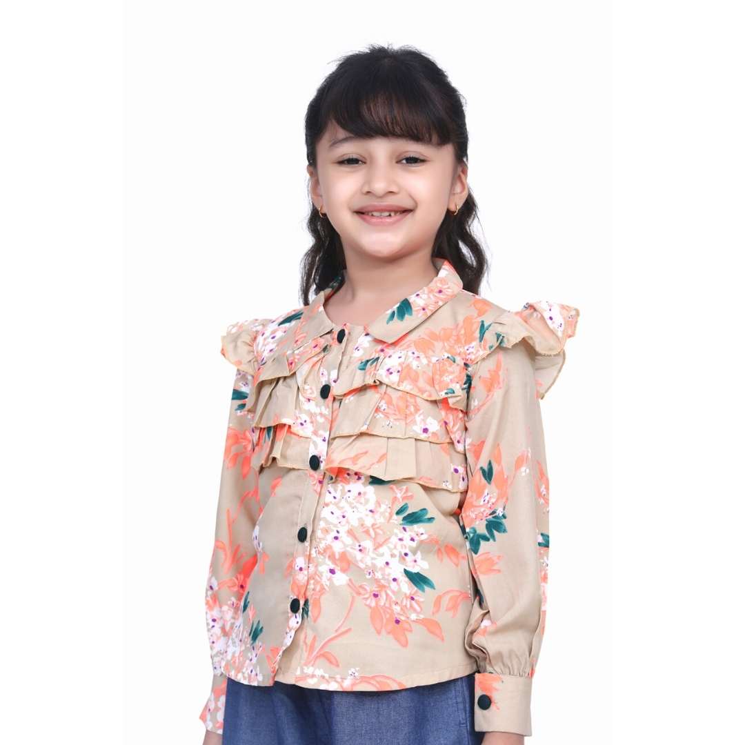 Cutiekins Floral Print Shirt Style Top -Beige