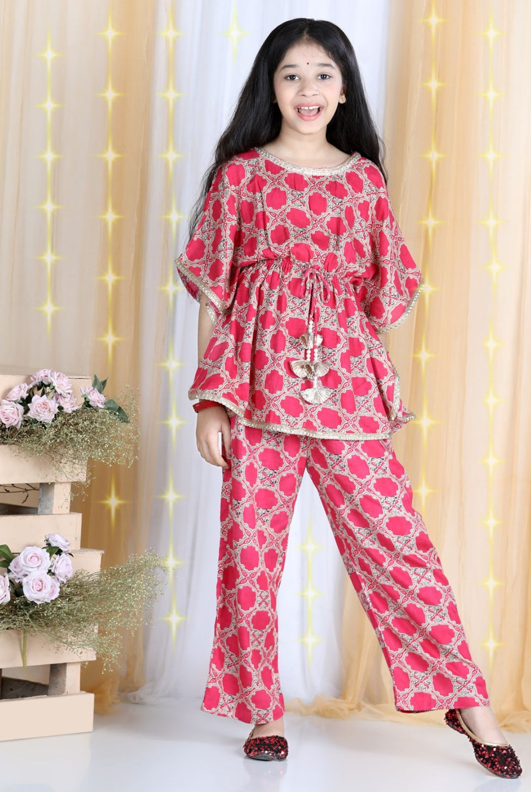 Cutiekins Tribal Printed Kaaftaan Kurta & Palazzo Set- Pink & Golden