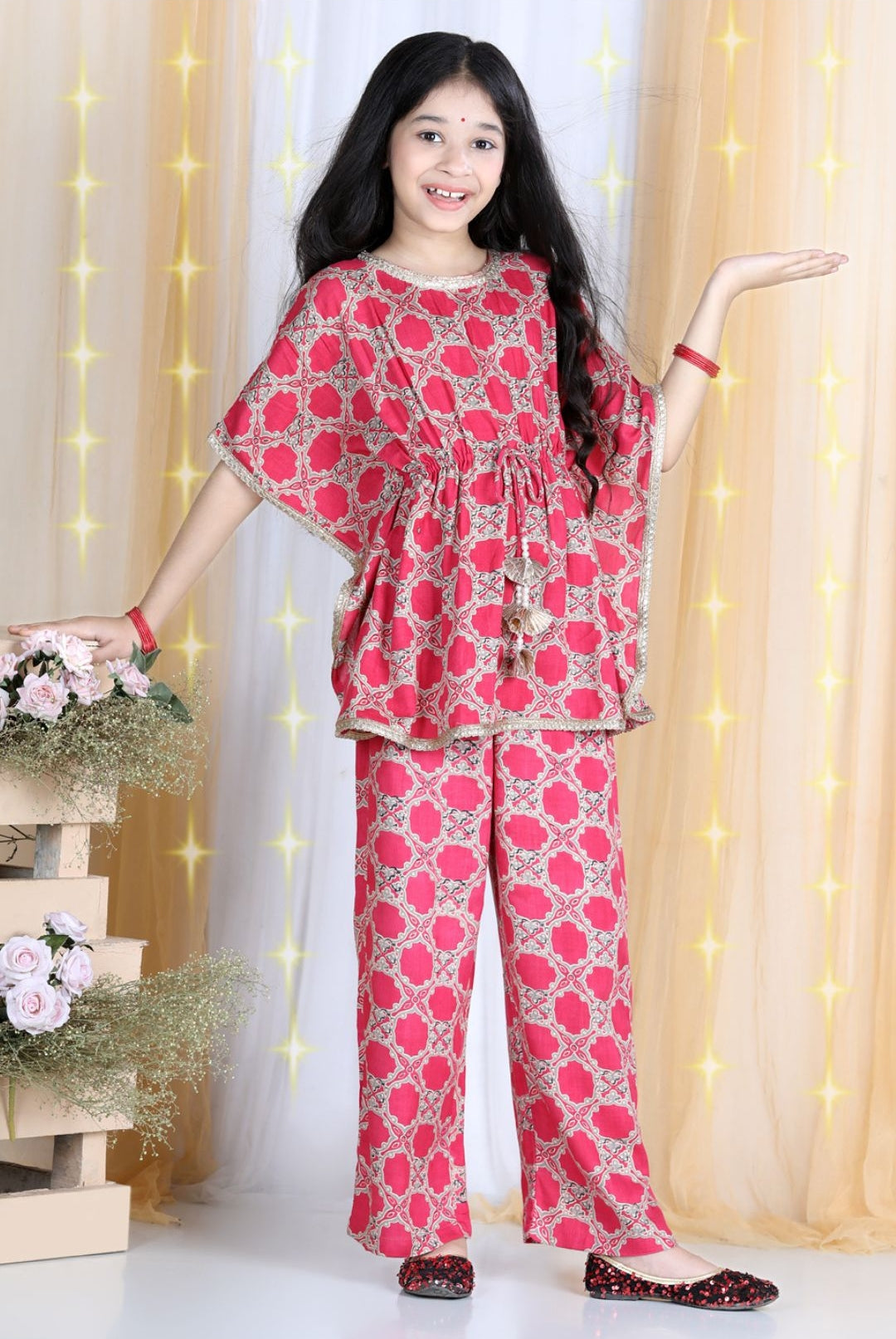 Cutiekins Tribal Printed Kaaftaan Kurta & Palazzo Set- Pink & Golden