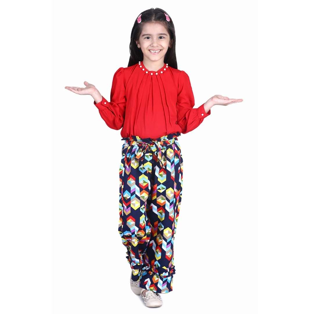 Cutiekins Solid Red Pearl Top & Diamond Printed Palazzo Set