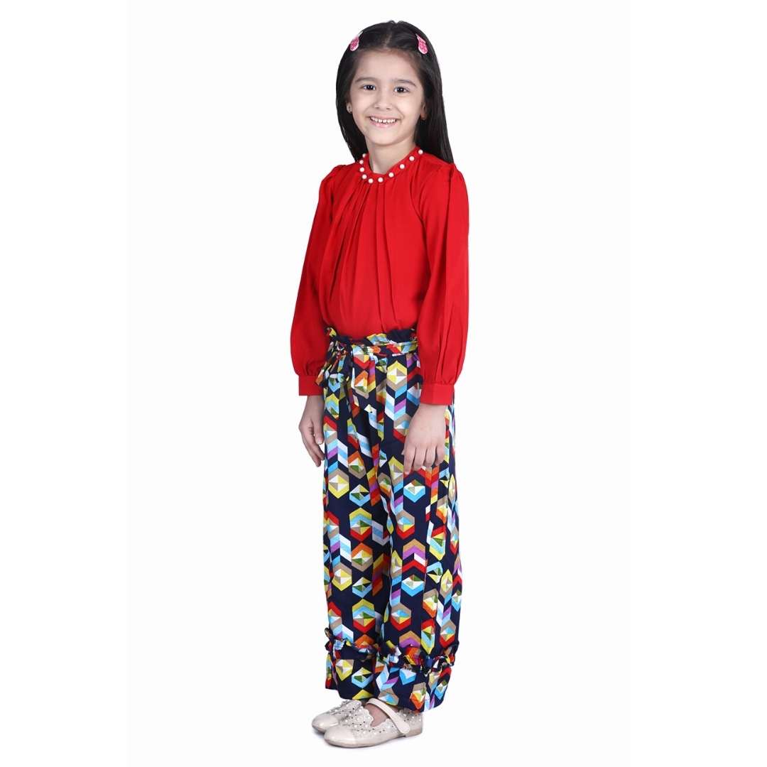 Cutiekins Solid Red Pearl Top & Diamond Printed Palazzo Set