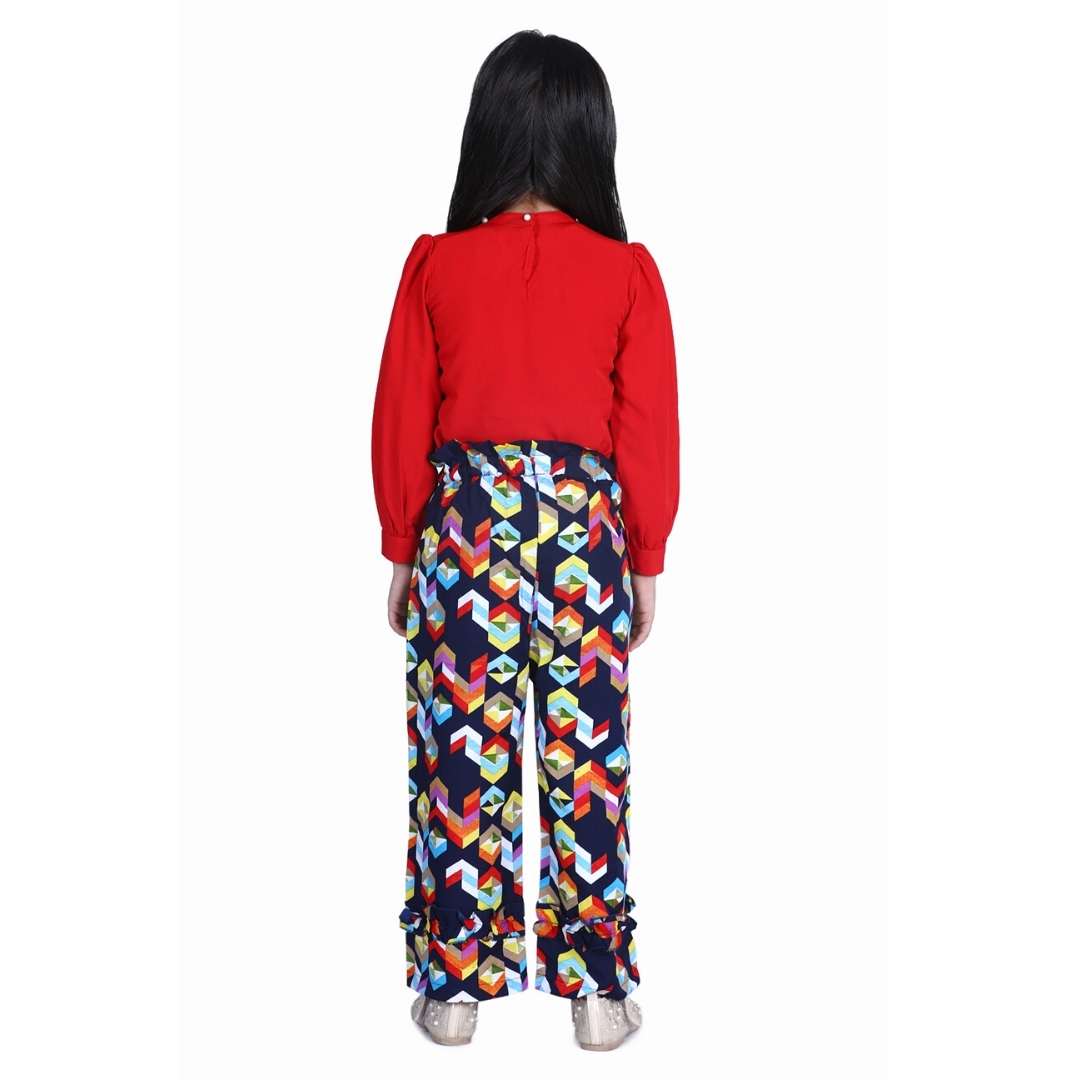 Cutiekins Solid Red Pearl Top & Diamond Printed Palazzo Set