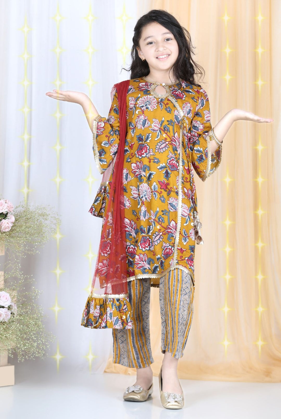 Cutiekins Floral & Striped Printed Angrakha Style Kurta & Palazzo Set -Mustard & Brown