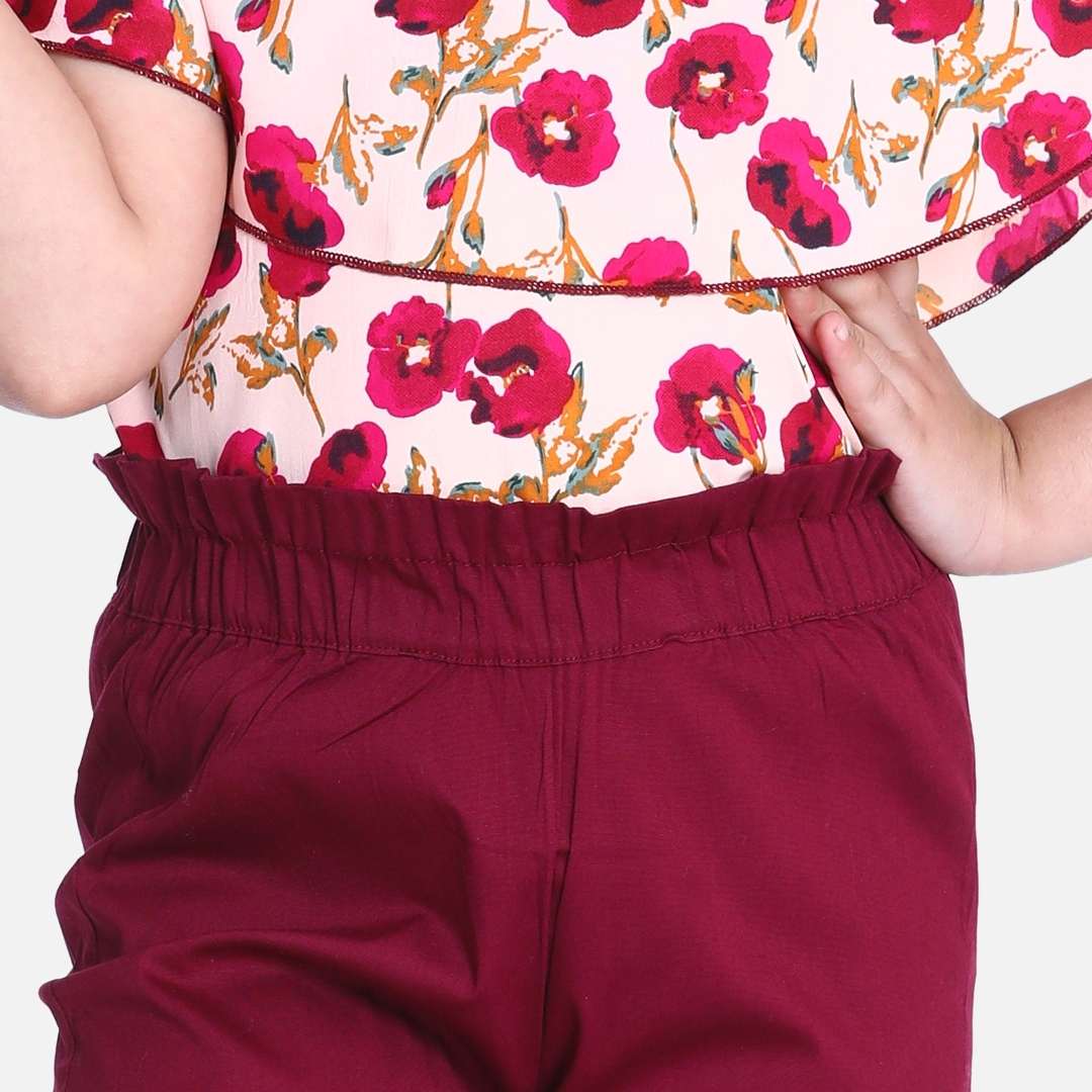 Cutiekins Floral Print Cape Top & Solid Capri Palazzo Set -Peach & Wine