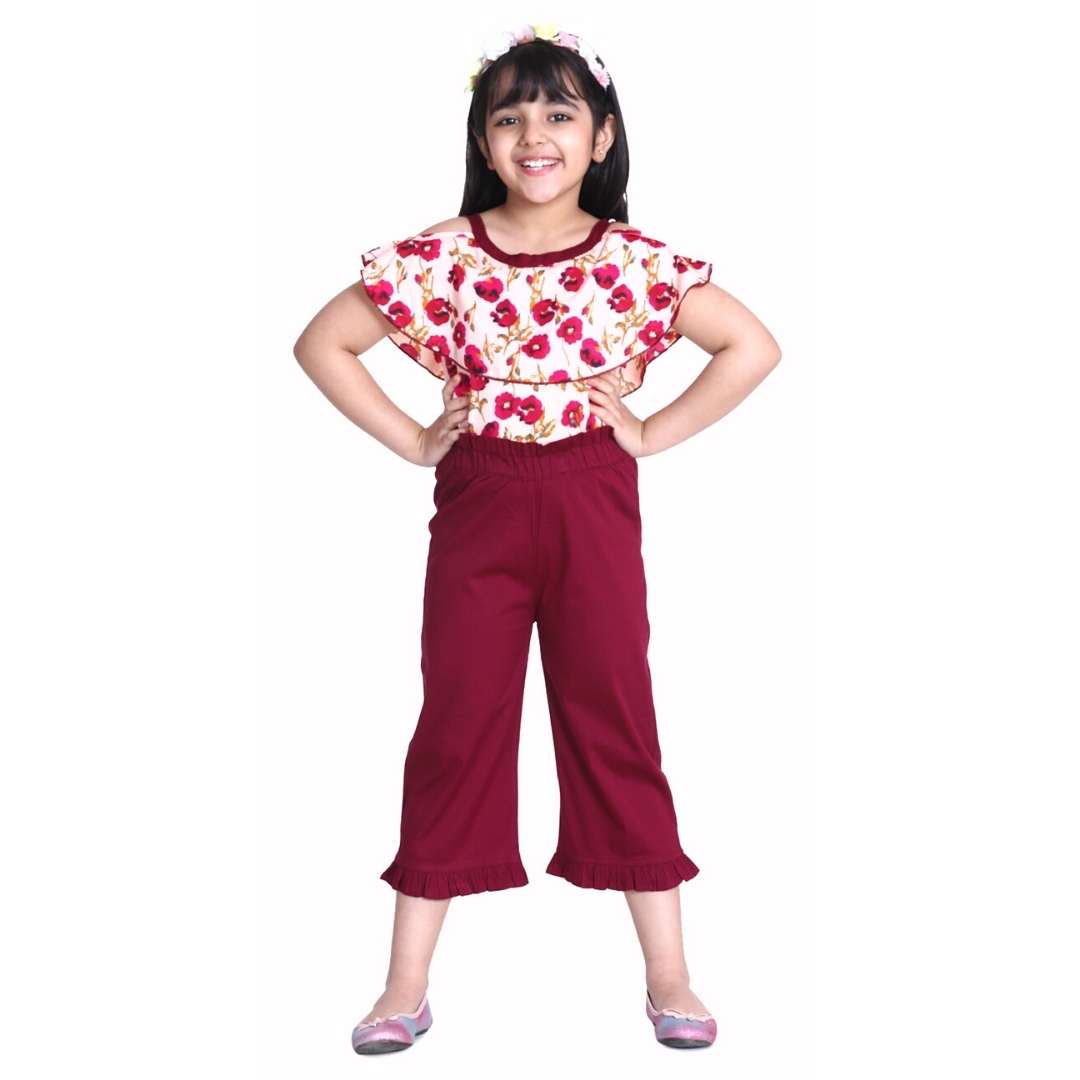 Cutiekins Floral Print Cape Top & Solid Capri Palazzo Set -Peach & Wine