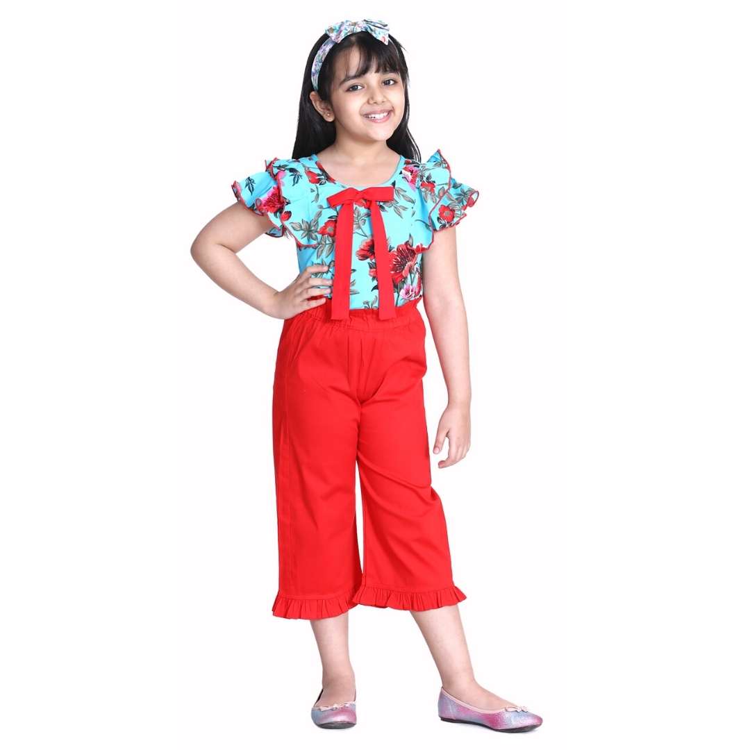 Cutiekins Floral Print Ruffle Sleeves Top & Solid Capri Palazzo Set -Aqua Blue & Red
