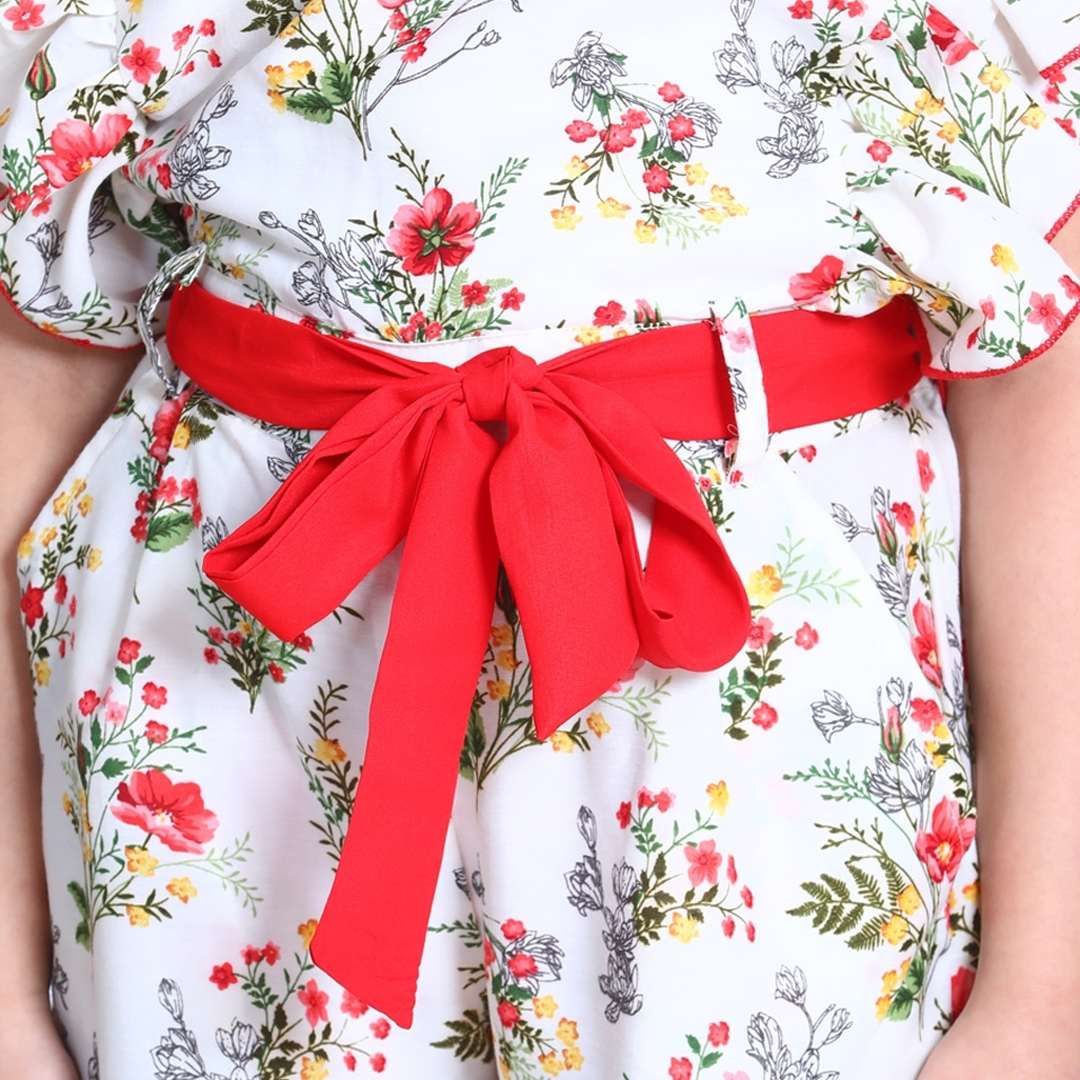 Cutiekins Floral Printed Ruffle Ankle length Jumpsuit -White & Red