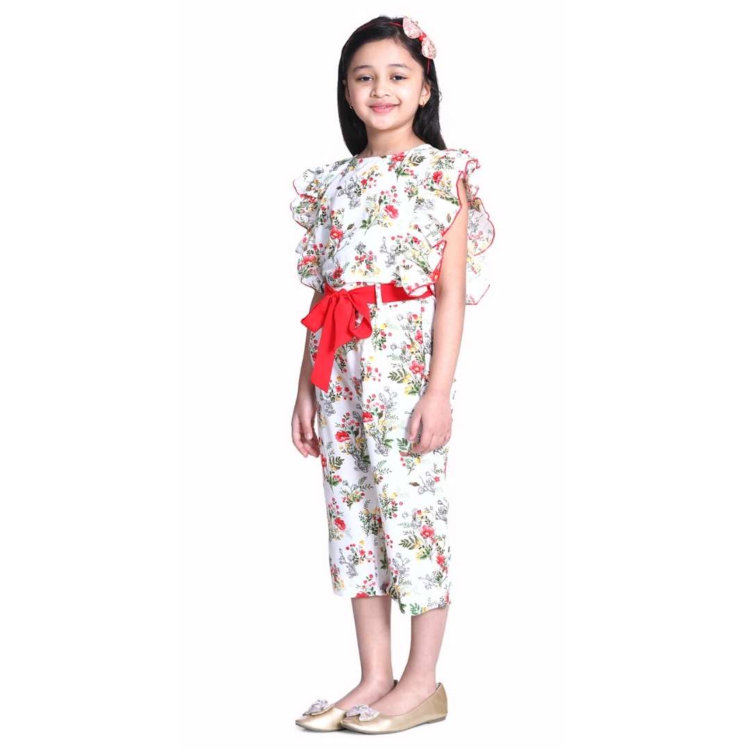 Cutiekins Floral Printed Ruffle Ankle length Jumpsuit -White & Red