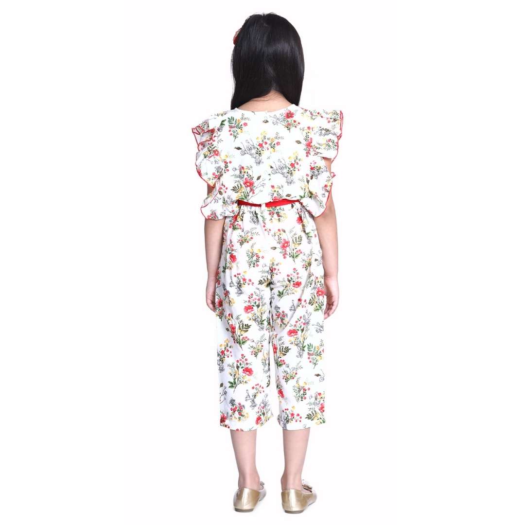 Cutiekins Floral Printed Ruffle Ankle length Jumpsuit -White & Red