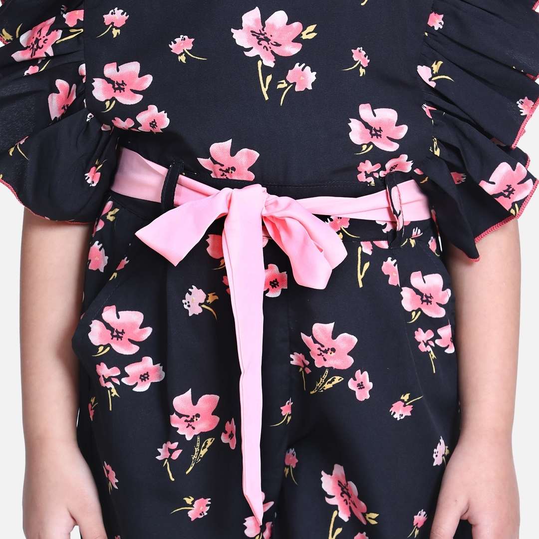 Cutiekins Floral Printed Ruffle Ankle length Jumpsuit -Black & Peach