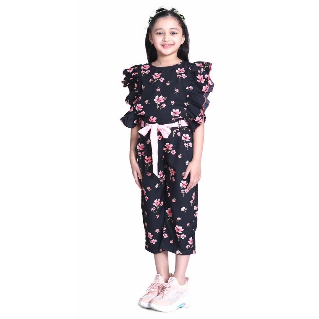 Cutiekins Floral Printed Ruffle Ankle length Jumpsuit -Black & Peach