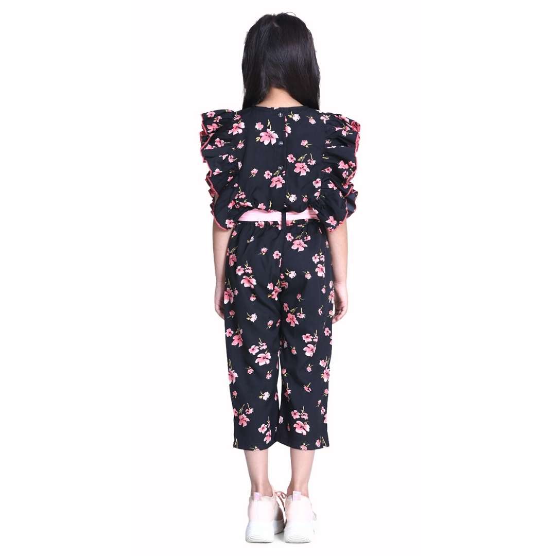 Cutiekins Floral Printed Ruffle Ankle length Jumpsuit -Black & Peach