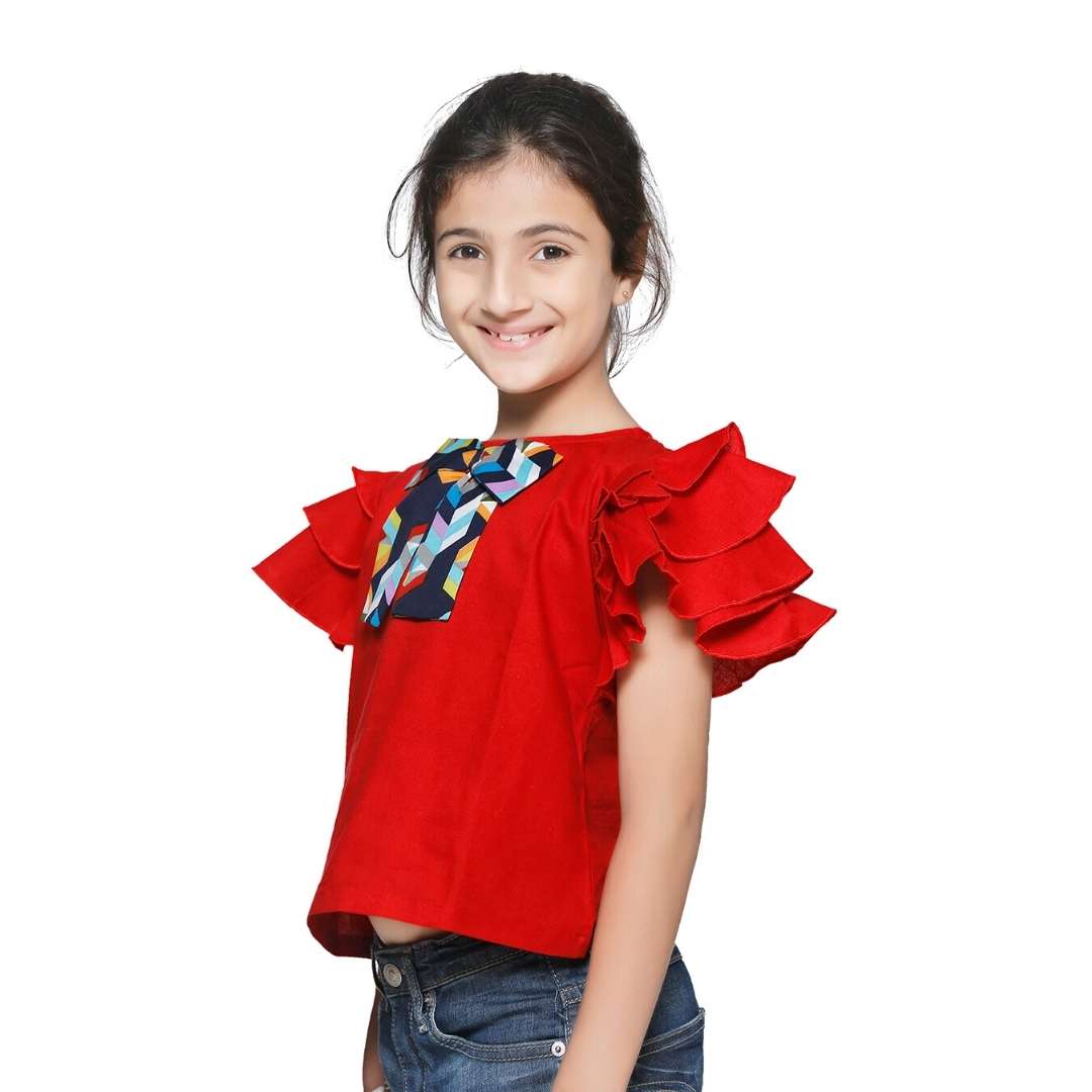 Girls Red Solid Ruffle Sleeves Round Neck Regular Top