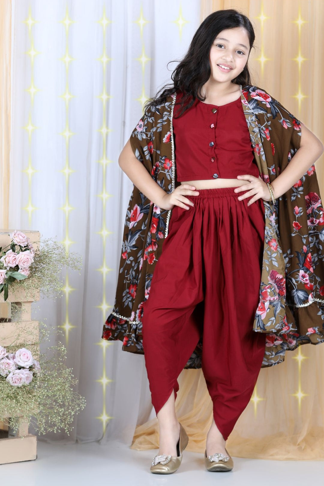 Cutiekins Floral Printed Crop Top ,Dhoti & Cape Set -Maroon