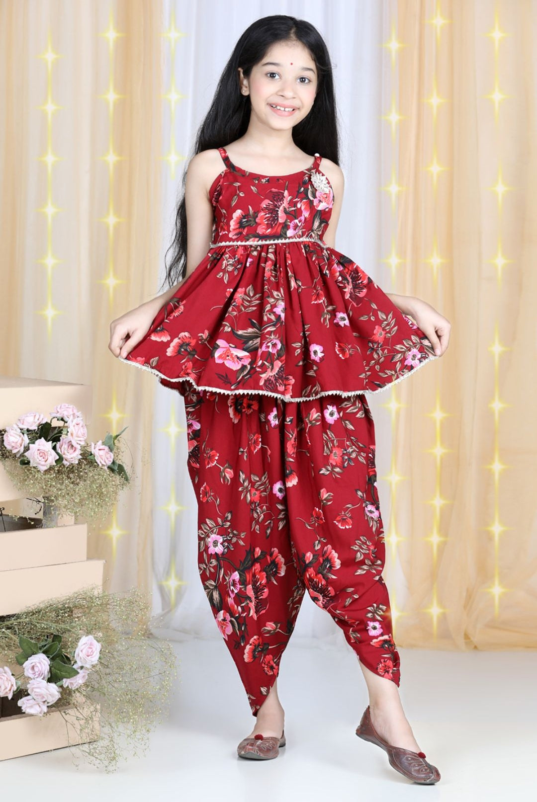 Cutiekins Floral Printed Peplum Top & Dhoti Set- Maroon & Brown