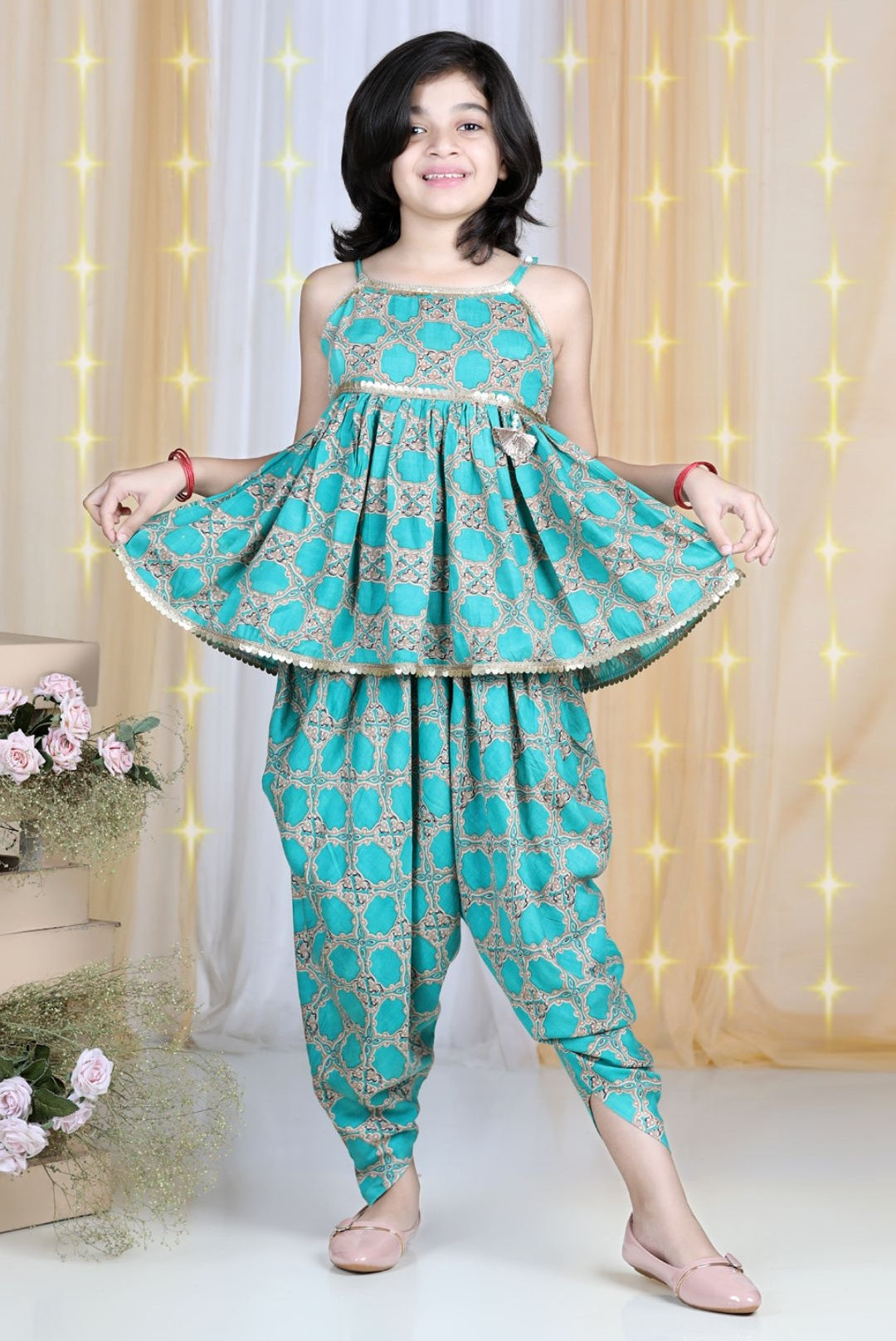 Cutiekins Tribal Printed Peplum Top & Dhoti Set- Green & Gold