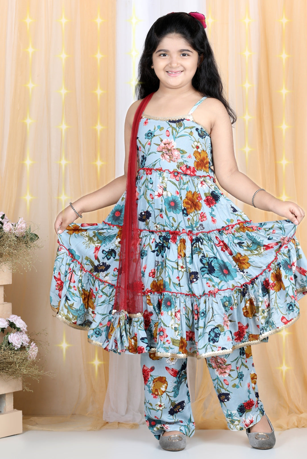 Cutiekins Floral & Striped Printed Layered Kurta & Palazzo Set -Sky Blue & Maroon