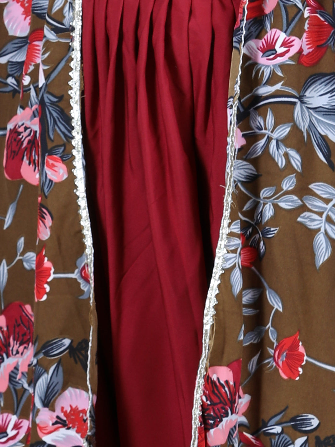 Cutiekins Floral Printed Crop Top ,Dhoti & Cape Set -Maroon