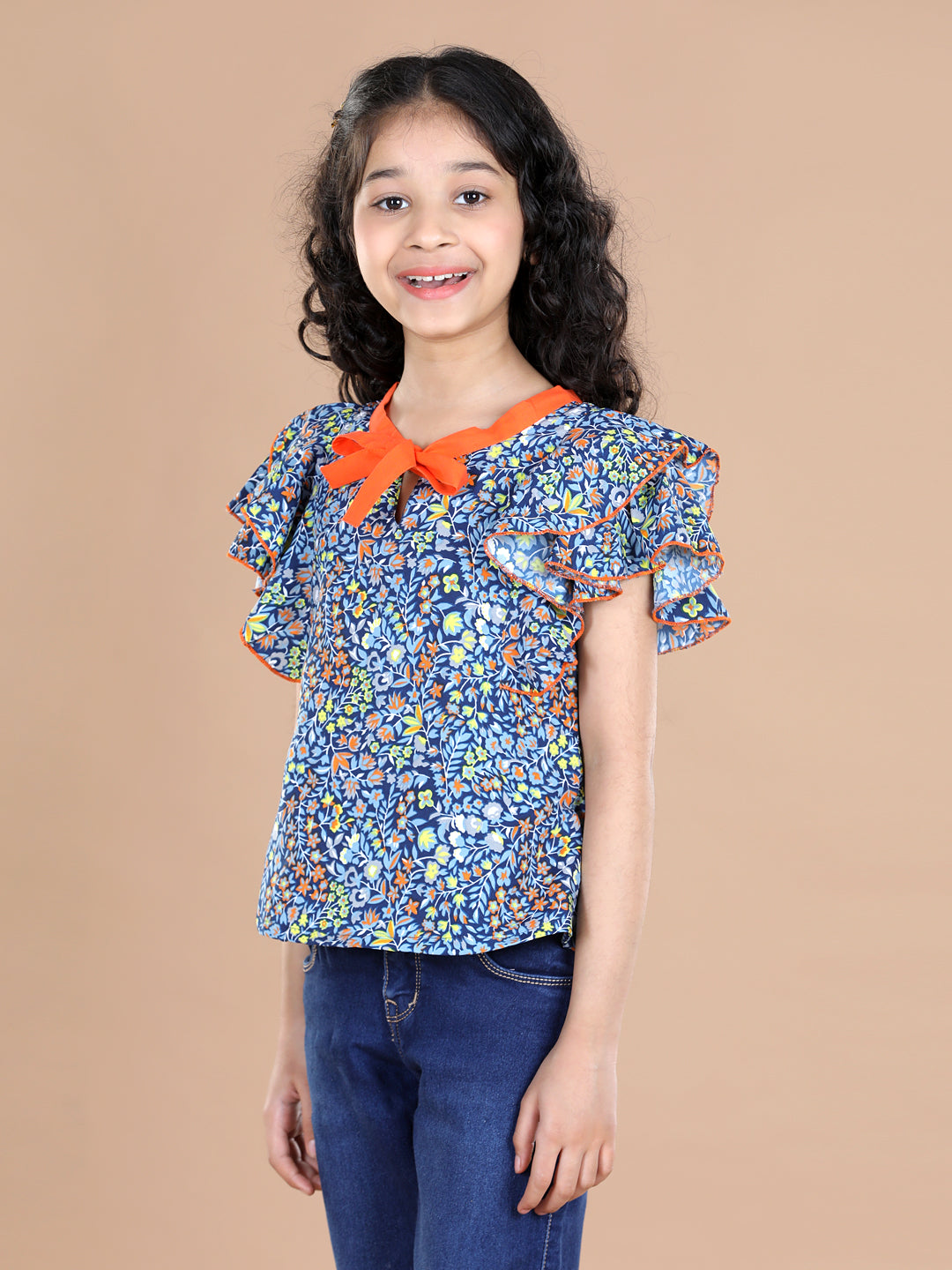Cutiekins Girls Casual Polyester A-line Top (Blue & Orange)