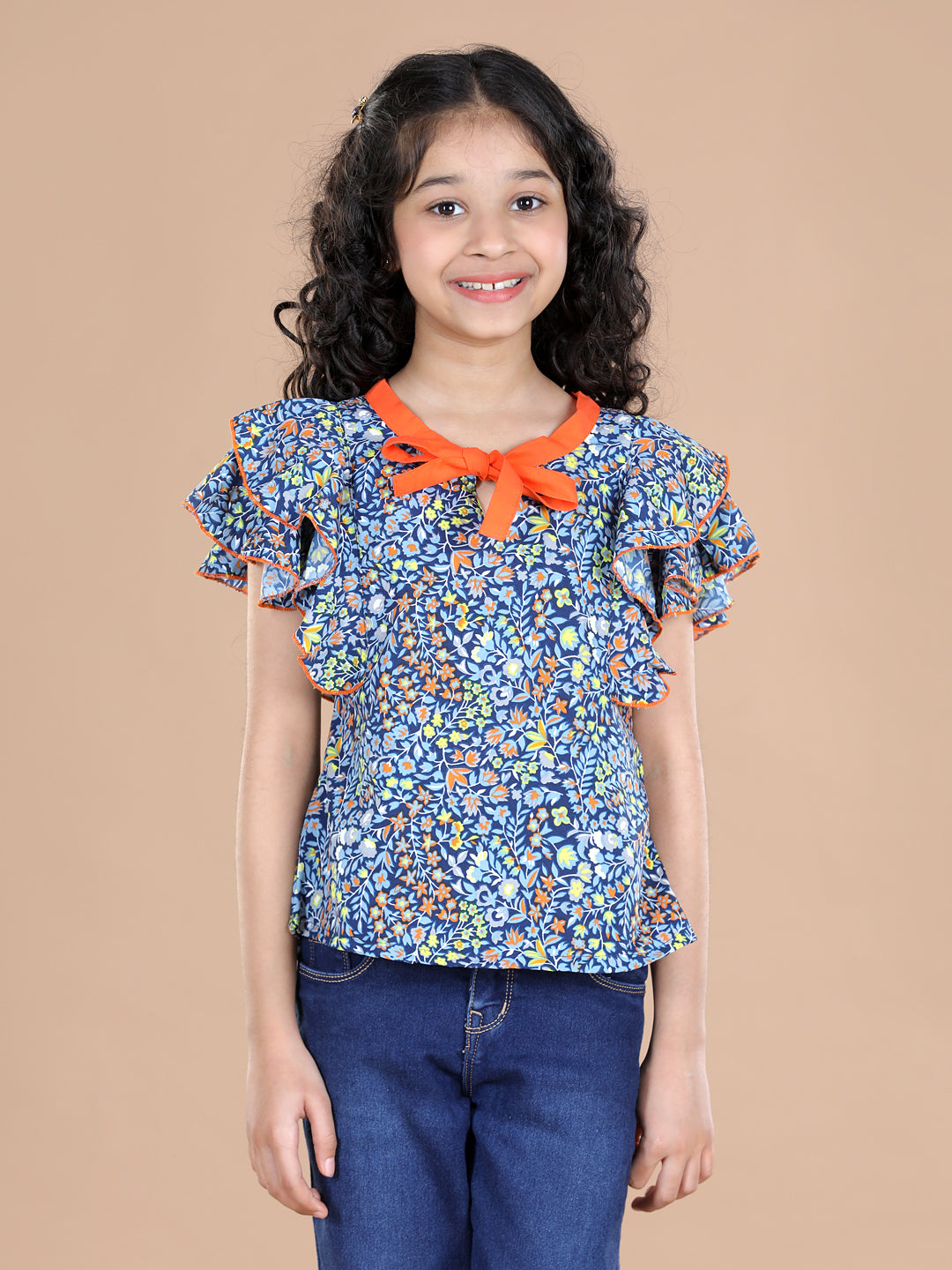 Cutiekins Girls Casual Polyester A-line Top (Blue & Orange)