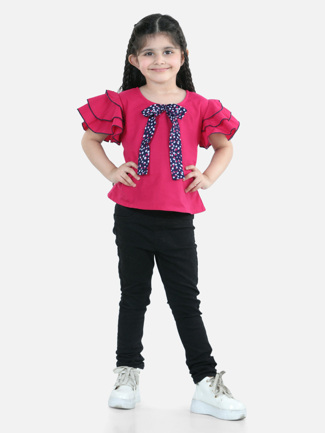 Cutiekins Bow Tie Style Polka Print Summer Top For Girls - Magenta Pink & Navy Blue