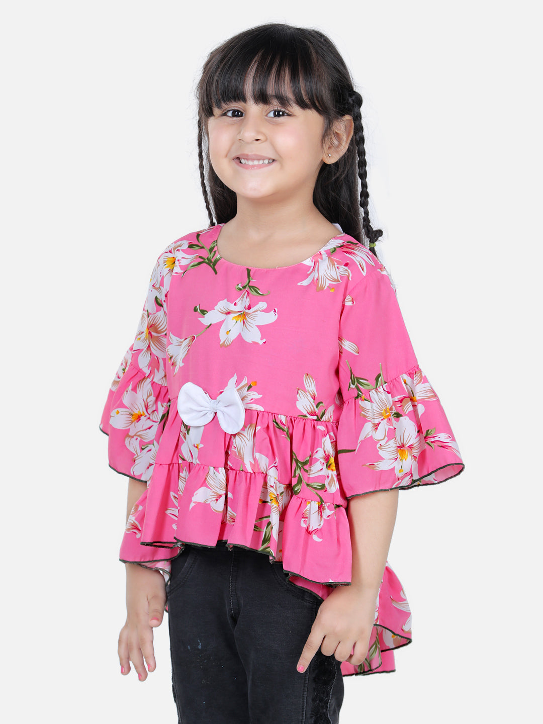 Cutiekins Floral Print Top For Girls - Pink & White