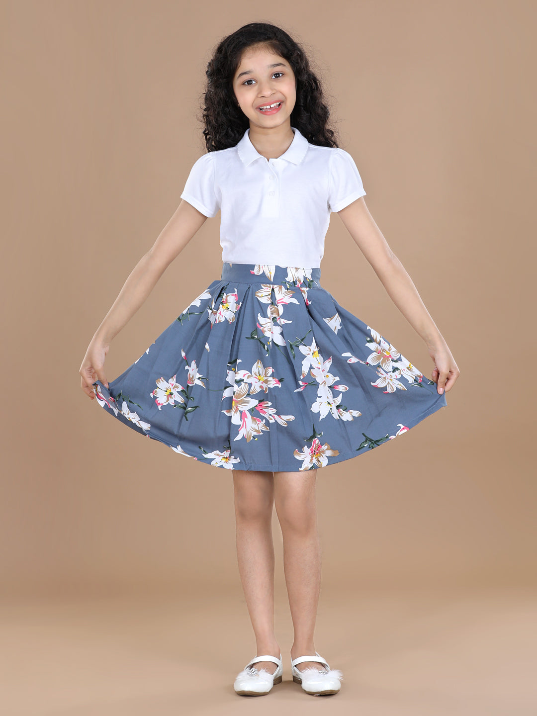Cutiekins Girls Floral Print Flared Grey Skirt