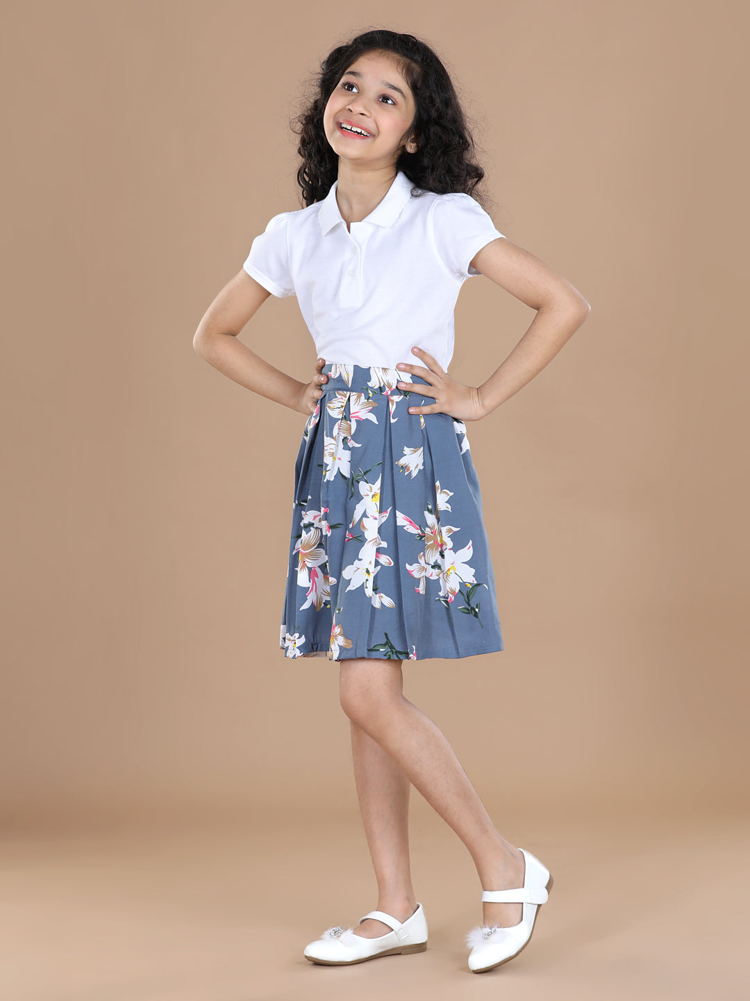 Cutiekins Girls Floral Print Flared Grey Skirt