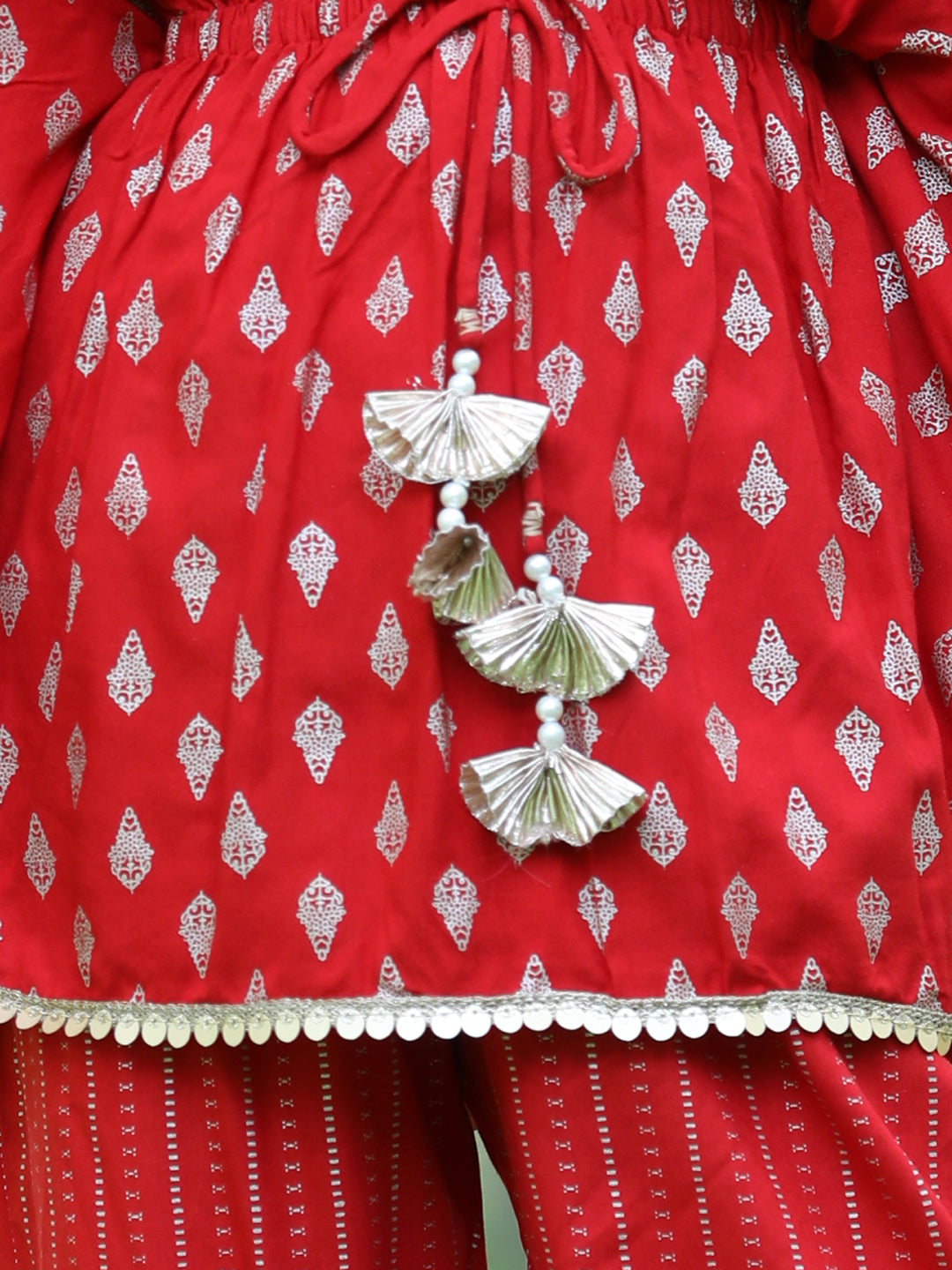 Cutiekins Printed Kaftaan & Palazzo Set-Red & Golden