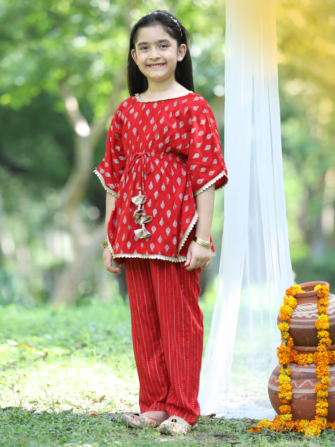 Cutiekins Printed Kaftaan & Palazzo Set-Red & Golden
