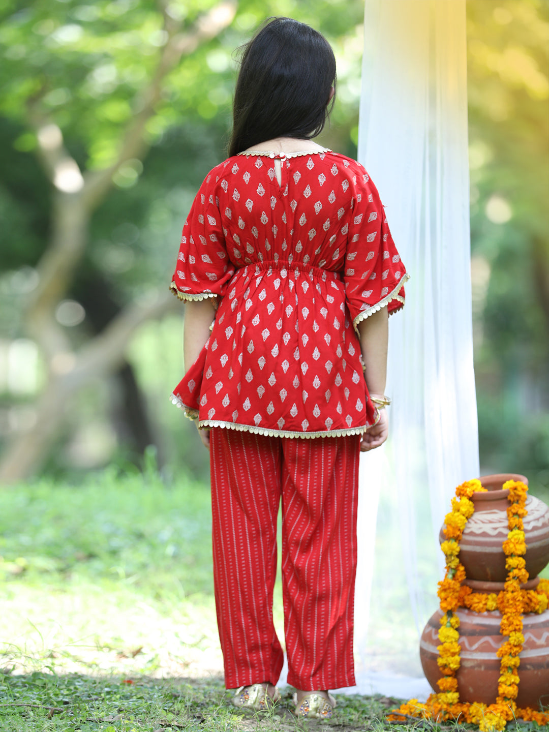 Cutiekins Printed Kaftaan & Palazzo Set-Red & Golden