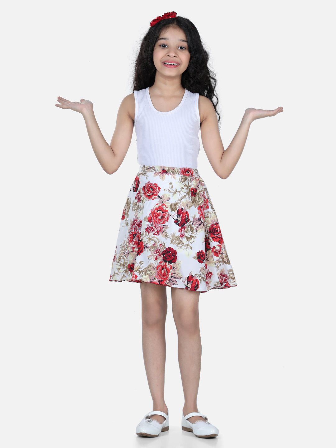 Cutiekins Floral Printed Skirt For Girls - Cream & Maroon