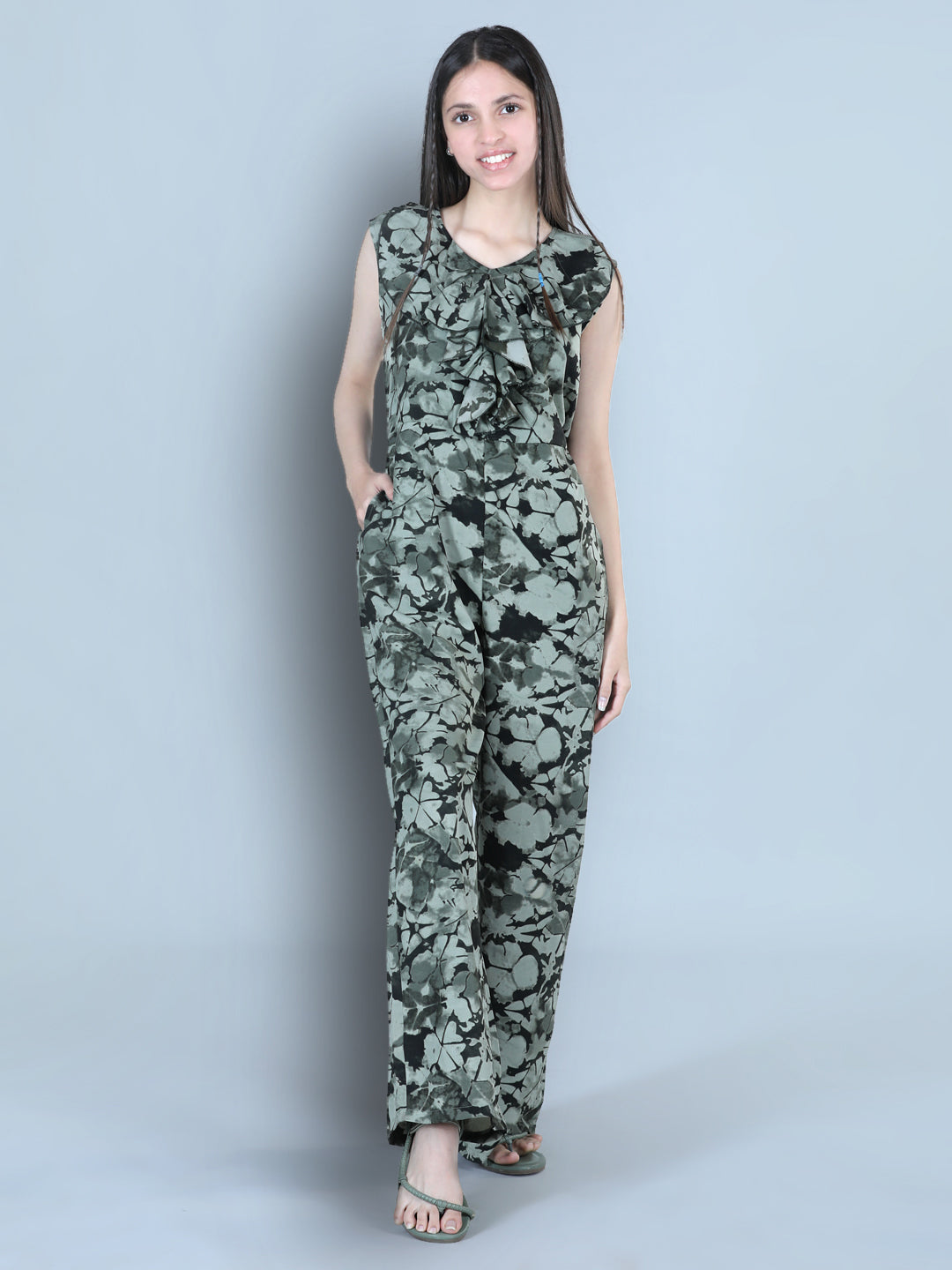 Cutiekins Smoky Printed Polyester Jumpsuit -Green & Olive
