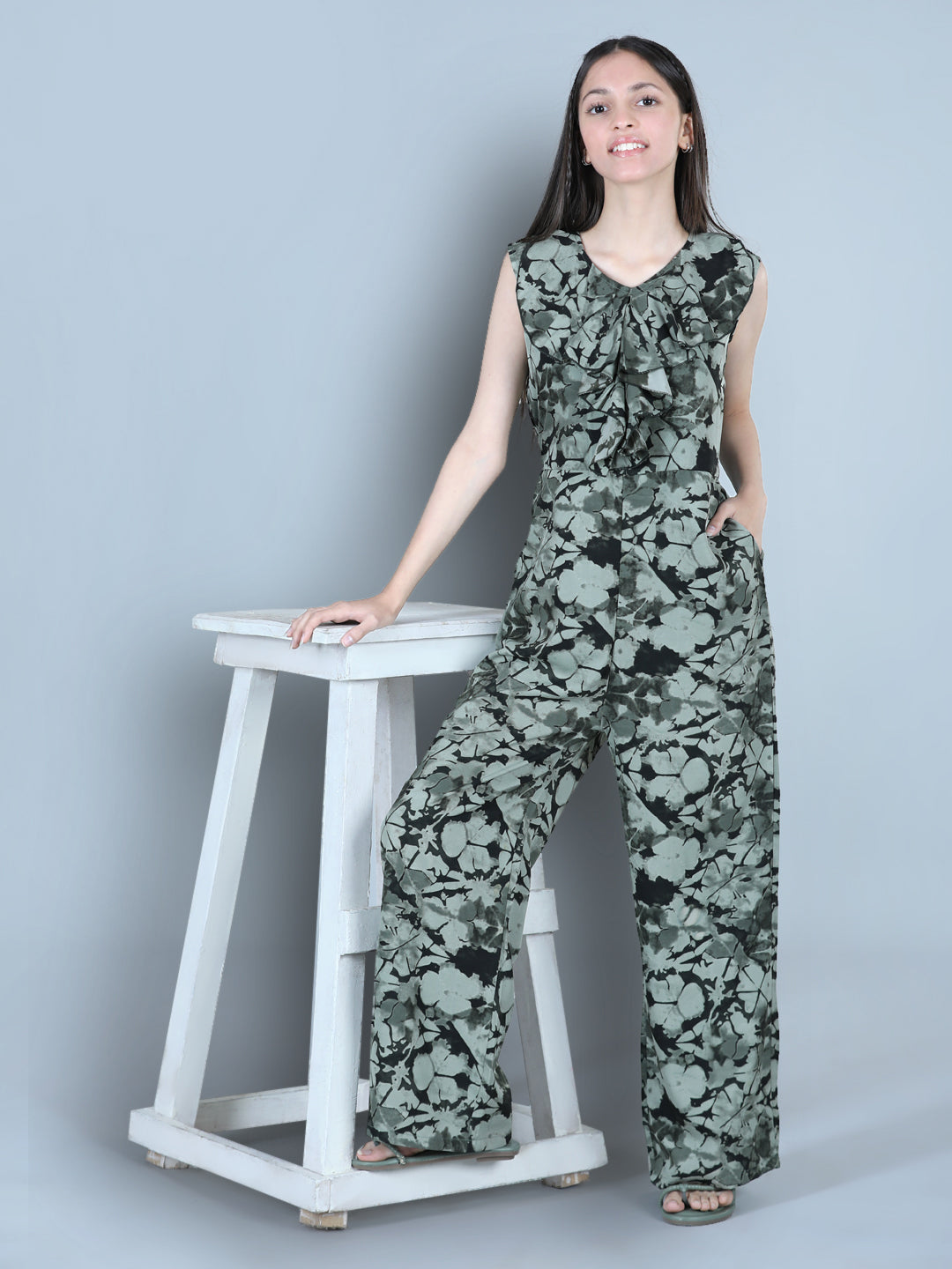 Cutiekins Smoky Printed Polyester Jumpsuit -Green & Olive