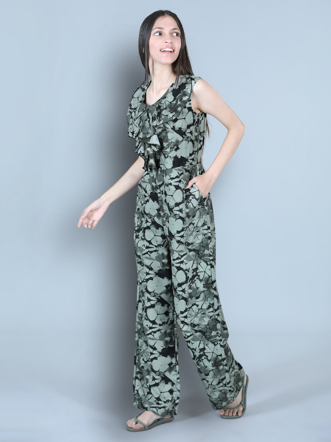 Cutiekins Smoky Printed Polyester Jumpsuit -Green & Olive