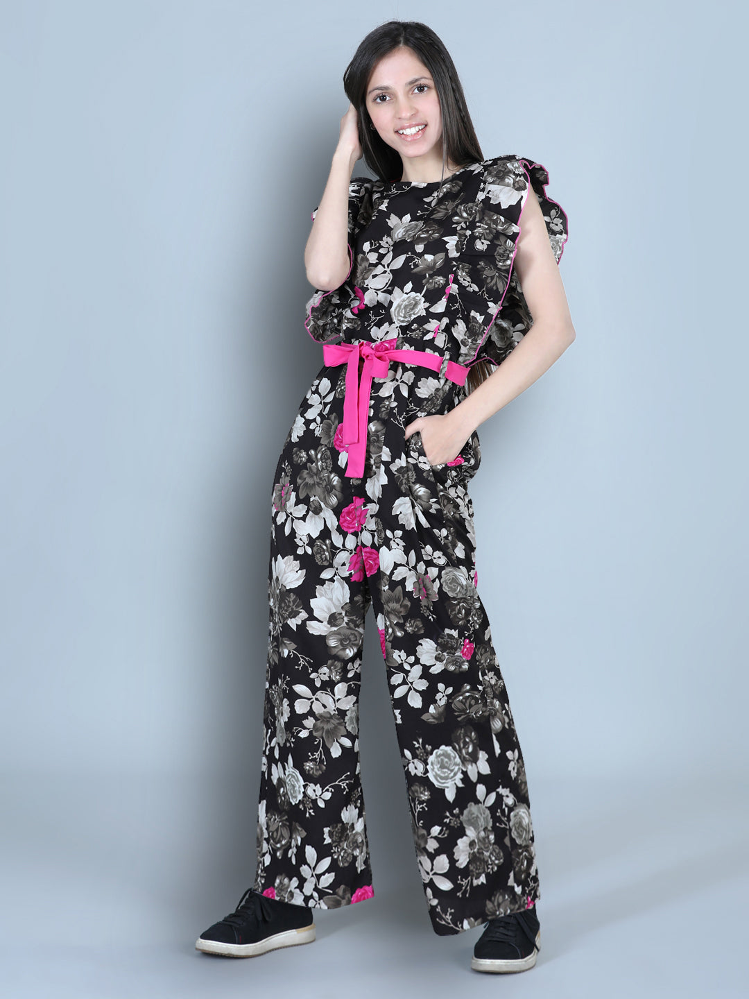 Cutiekins Floral & Leaf Printed Polyester Jumpsuit -Brown & Pink