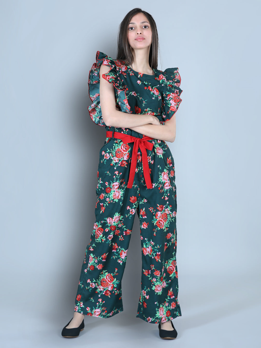 Cutiekins Floral & Leaf Printed Polyester Jumpsuit -Dark Green & Red