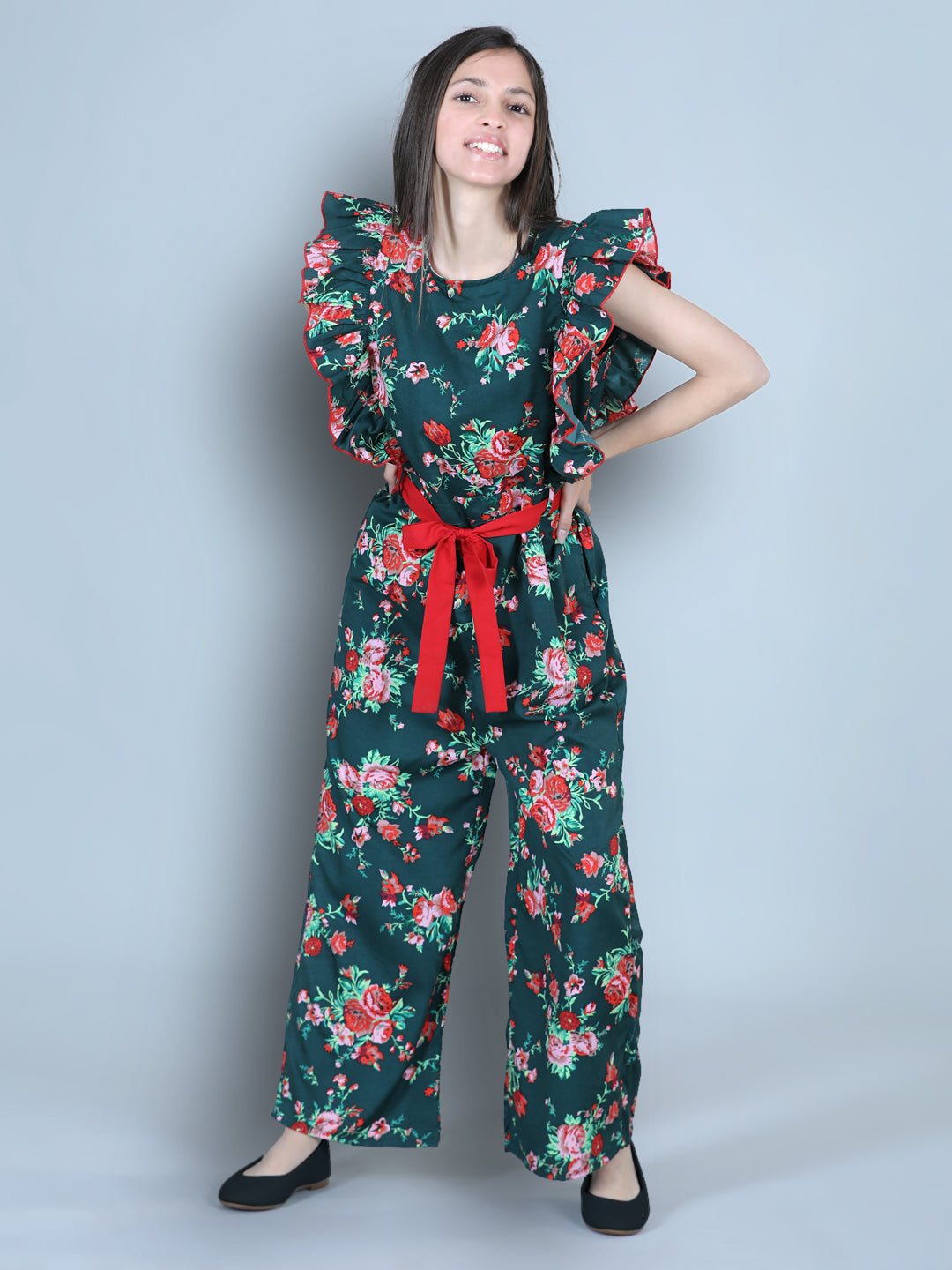Cutiekins Floral & Leaf Printed Polyester Jumpsuit -Dark Green & Red