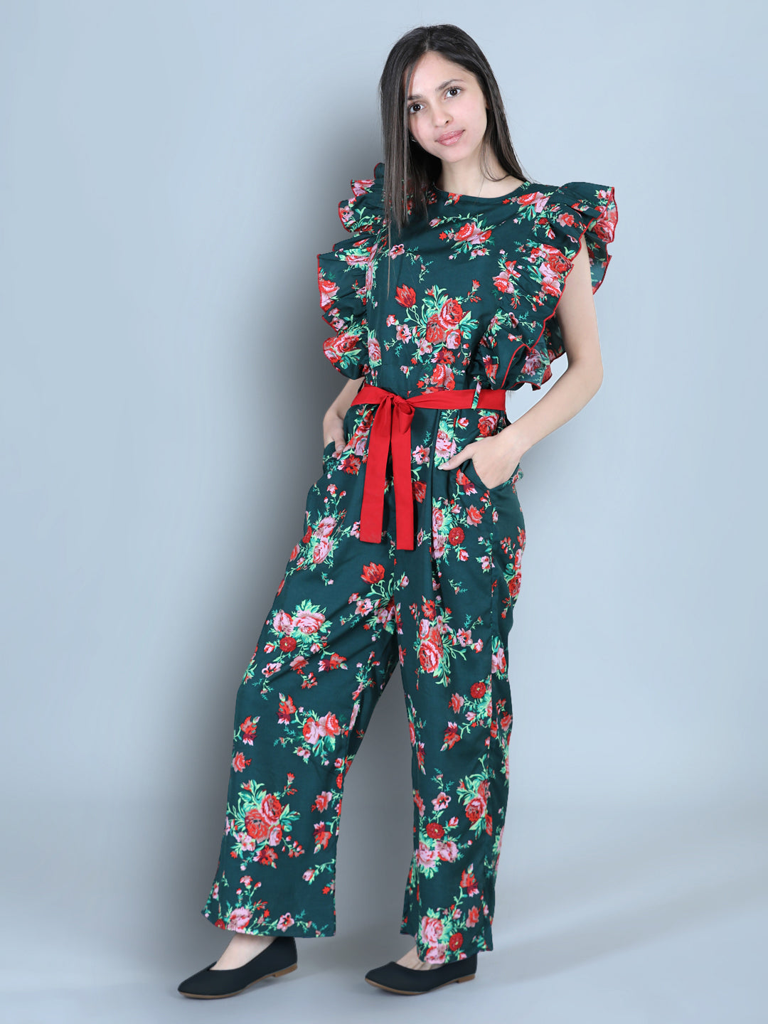 Cutiekins Floral & Leaf Printed Polyester Jumpsuit -Dark Green & Red