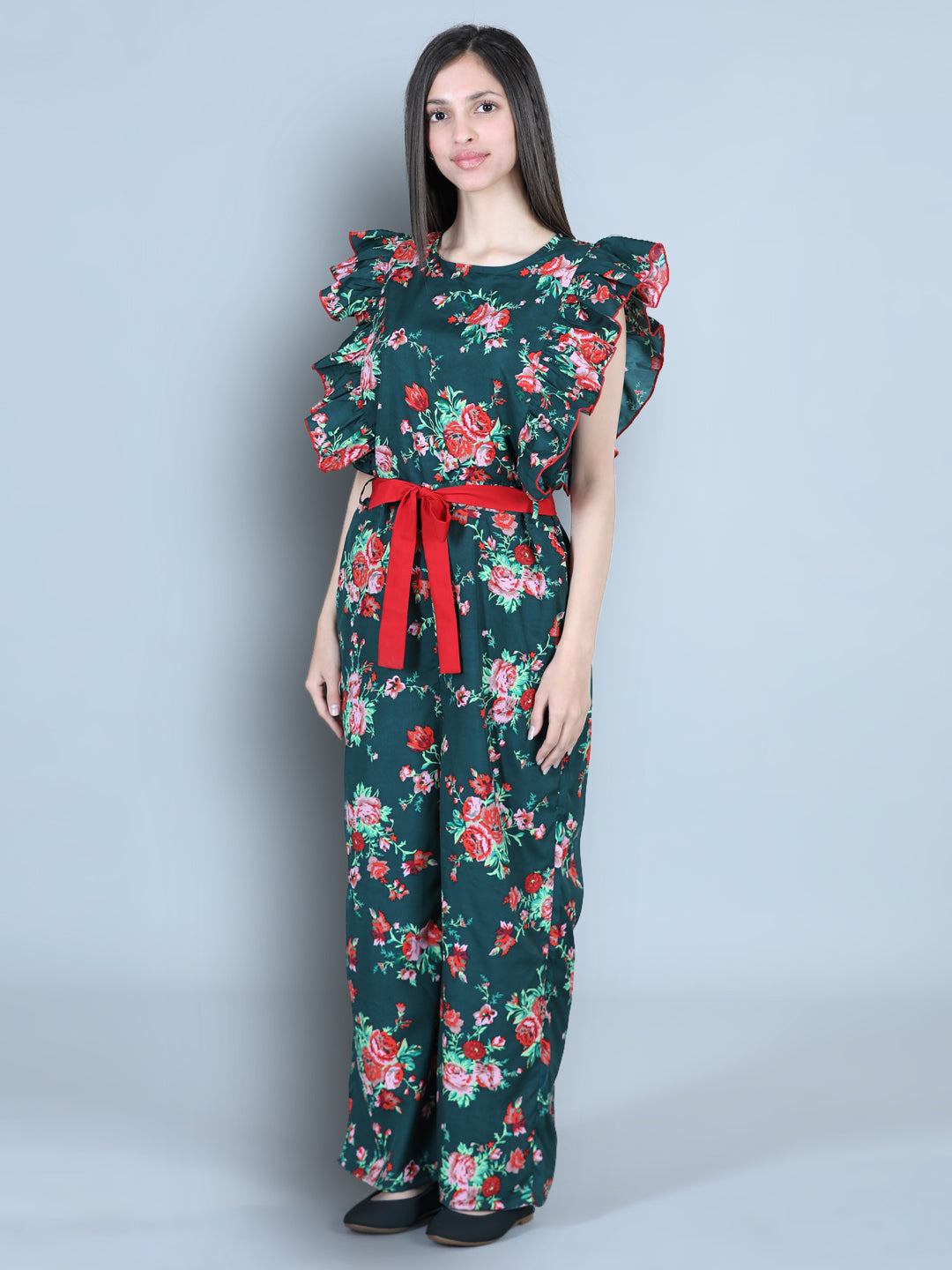 Cutiekins Floral & Leaf Printed Polyester Jumpsuit -Dark Green & Red
