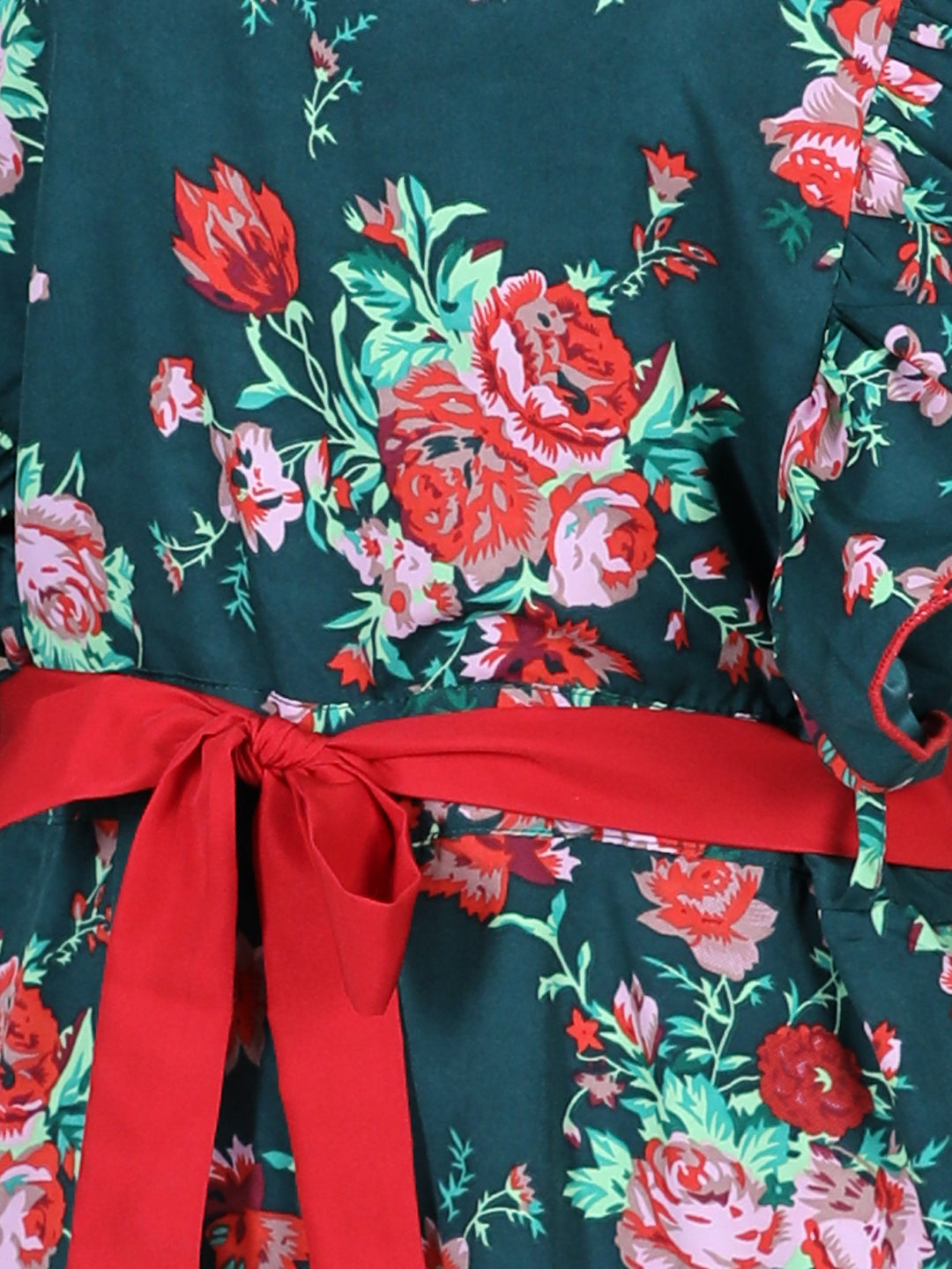 Cutiekins Floral & Leaf Printed Polyester Jumpsuit -Dark Green & Red