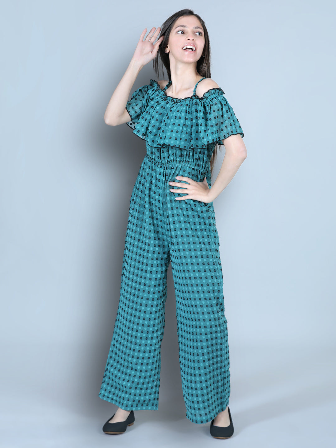Cutiekins Off Shoulder Dyed Booti Georgette Jumpsuit-Teal